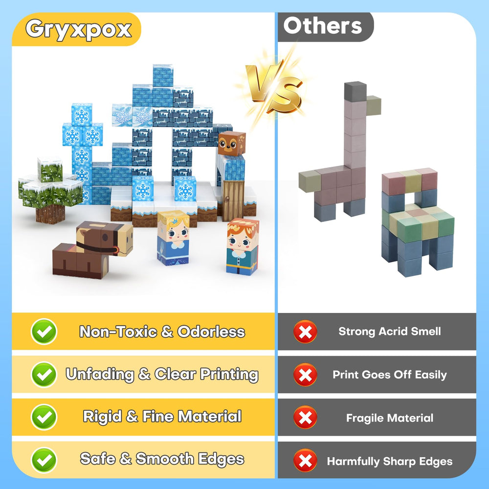Gryxpox ABS plastic blocks with eight magnets for stable constructions.