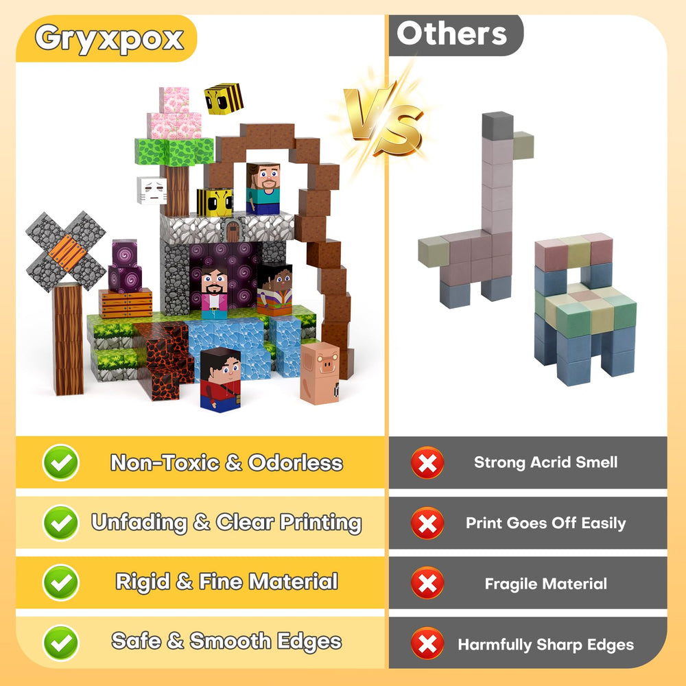 Gryxpox Safe ABS Blocks Eight Magnets—stronger, more stable builds.