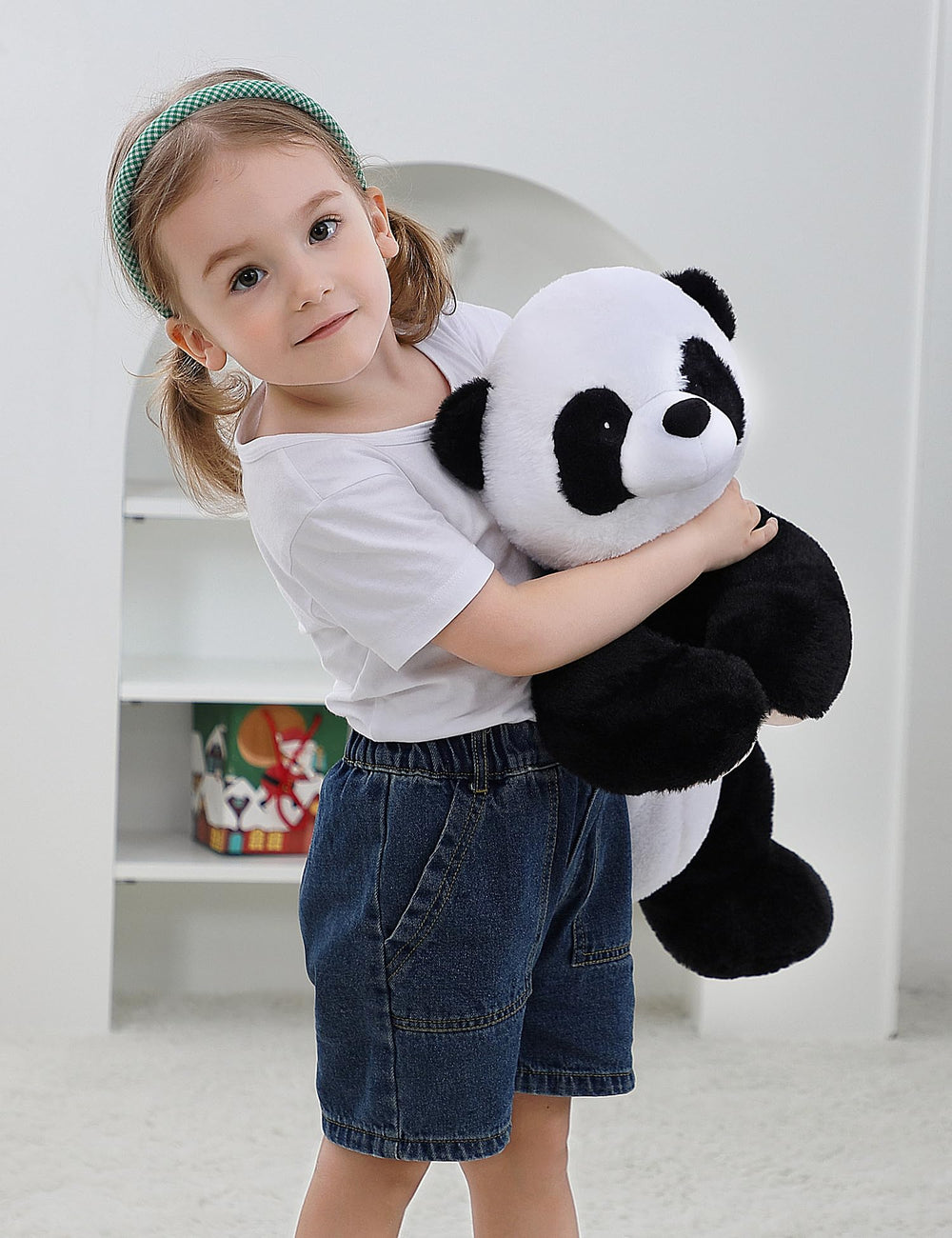 Gubuy panda plush made from soft short plush and cotton fill for comfort.