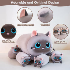 Gudisi Siamese cat plush shows four kittens inside for discovery.