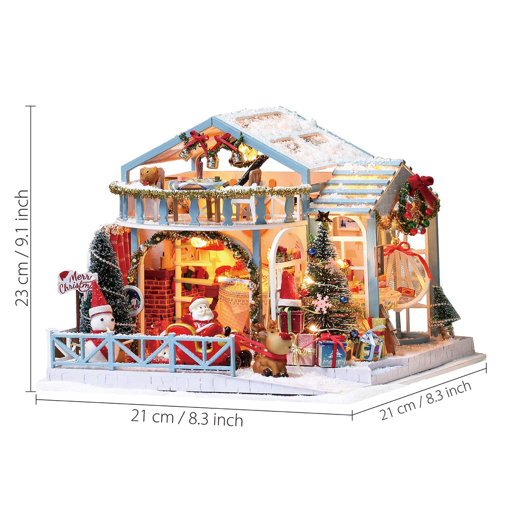 GuDoQi Christmas dollhouse kit Santa figures scene enhances holiday display.