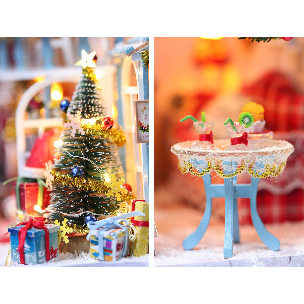 GuDoQi miniature wooden cottage interior with sofas snowman for cozy seasonal setup.