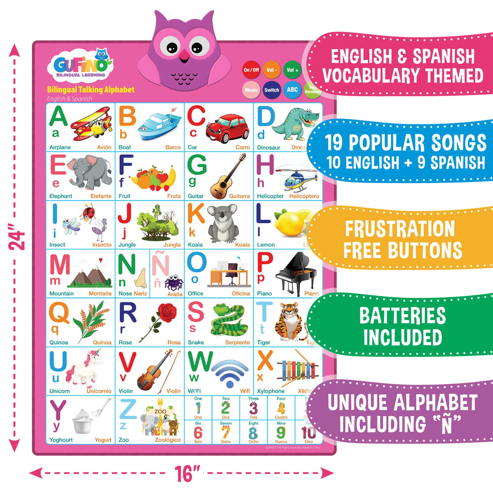 Gufino Alphabet Wall Chart shows bilingual play for English-Spanish daily practice.