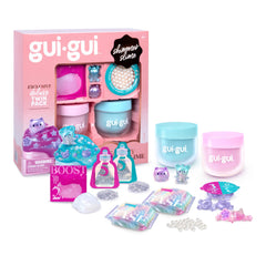 Gui Gui Shimmer Deluxe Duo Pack opens to reveal two iridescent slimes for a vibrant glow-up.