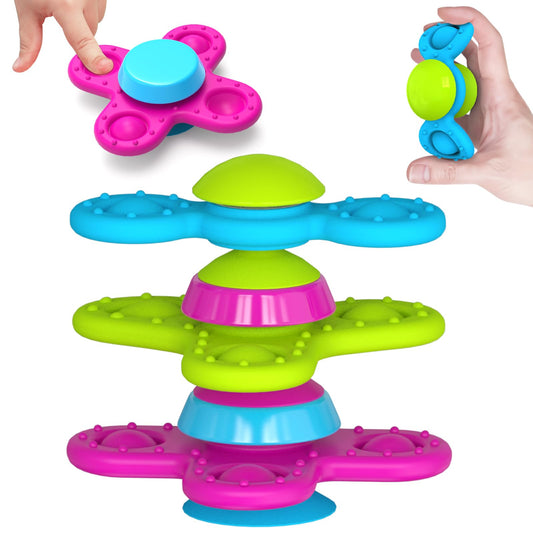 Guibola suction cup spinner toy during bath promotes safe sensory play.