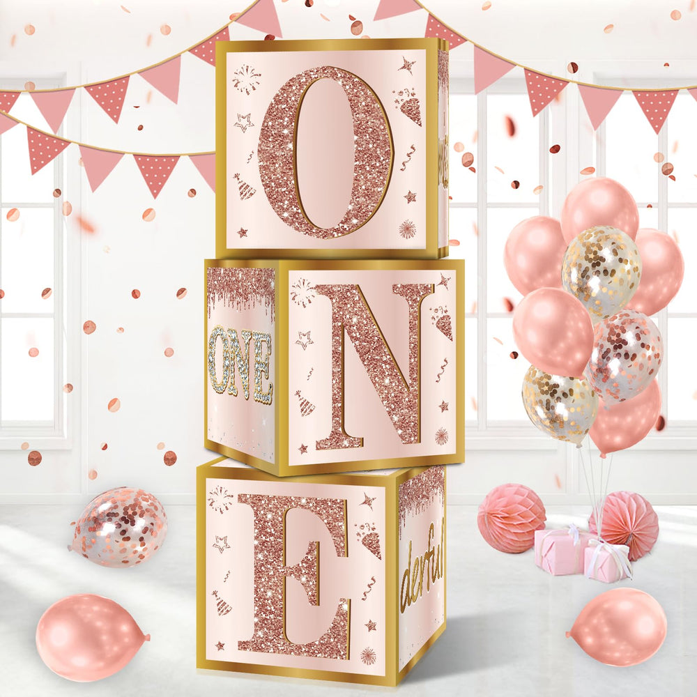 Guiruiy 3Pcs pink rose gold first birthday boxes ready to elevate party decor.