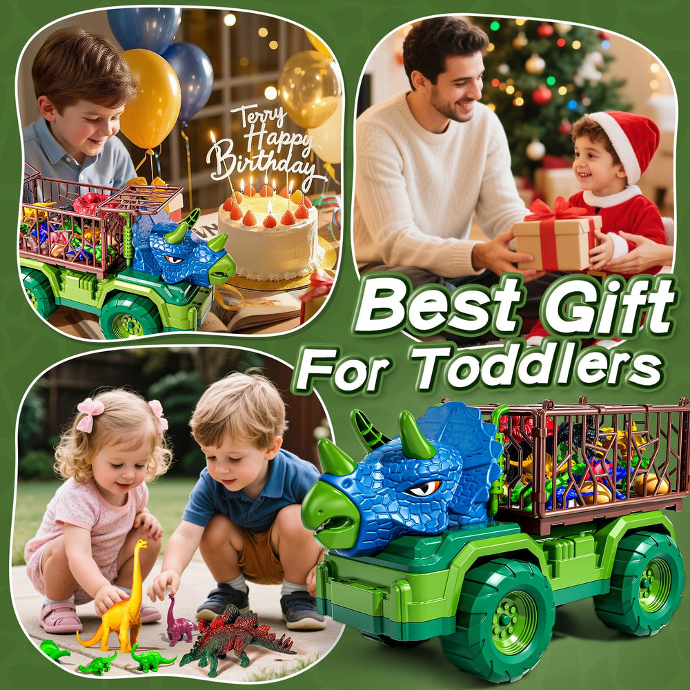 Guminnara 22-in-1 Triceratops Truck open cage with dinosaurs for cooperative play.