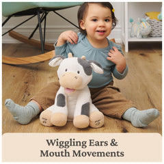 GUND Buttermilk cow plush face closeup showcasing soft fur and expressive features for baby engagement