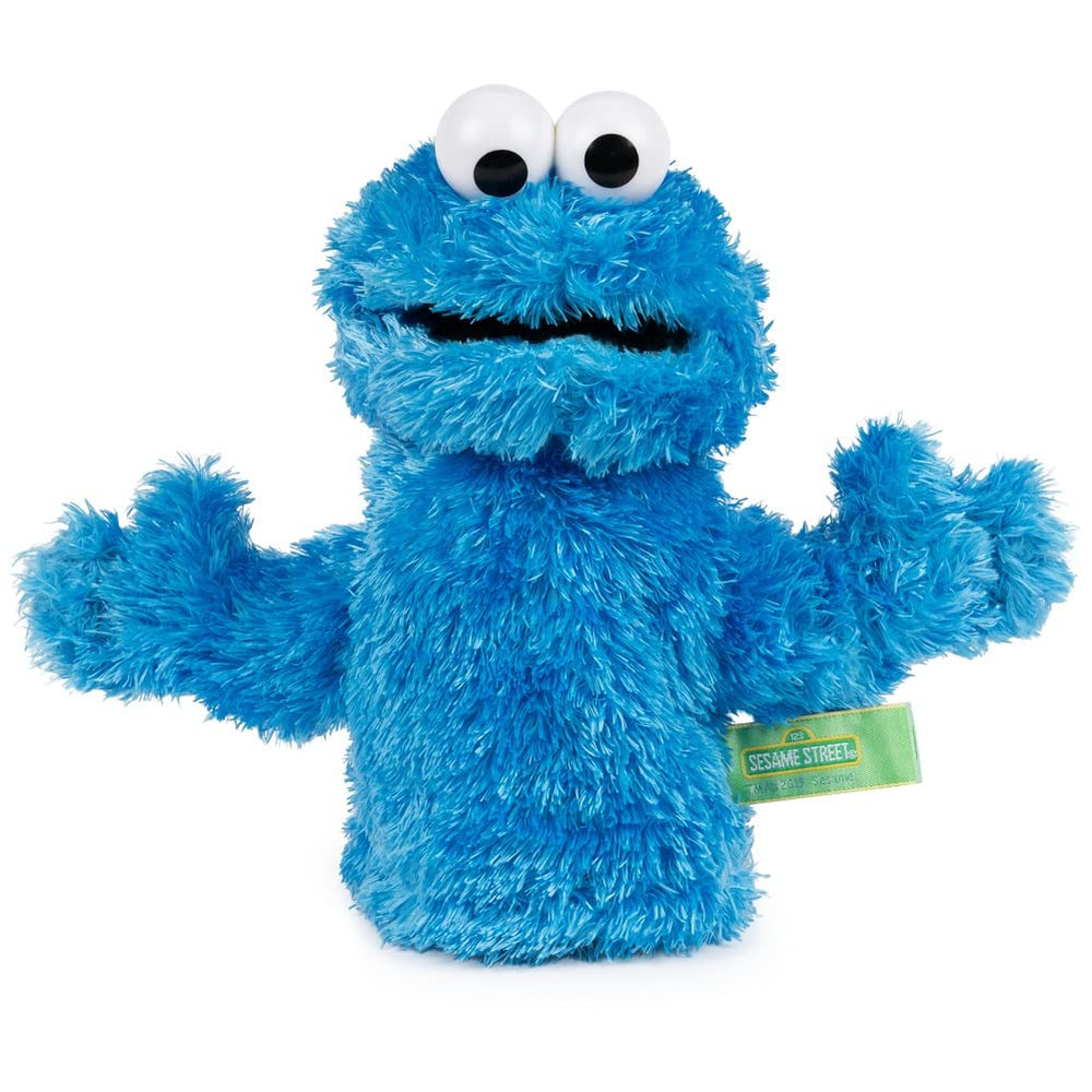 GUND Cookie Monster hand puppet, bright blue plush, ideal for imaginative storytelling.