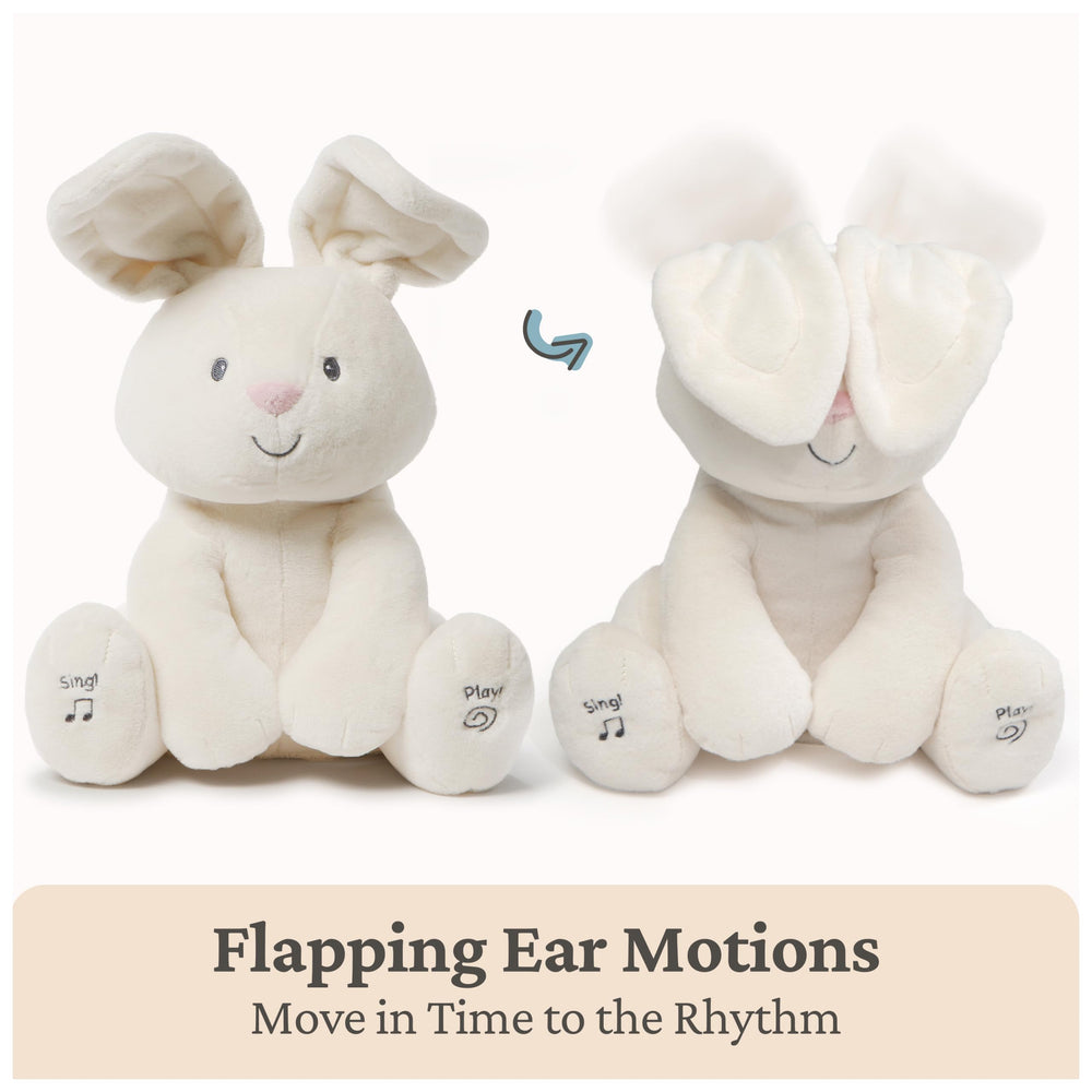 GUND Flora Bunny left-foot peekaboo mode engages baby in interactive play.