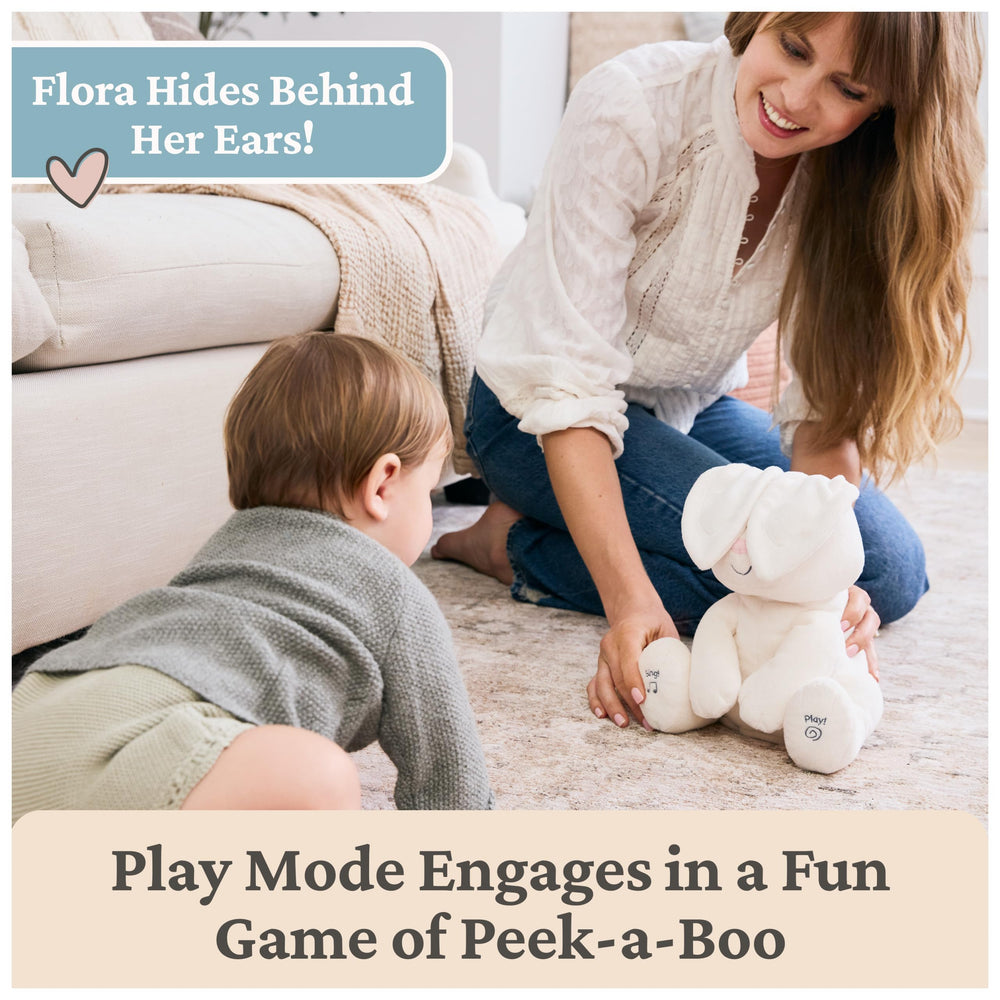GUND Flora Bunny right-foot sing-along mode with ears flapping to rhythm.