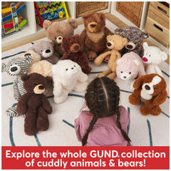 GUND Fuzzy teddy bear surface washable for quick cleaning.
