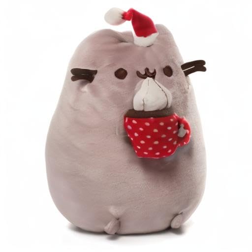 GUND Pusheen plush with hot cocoa mug, ideal for warm evenings and snuggle sessions.