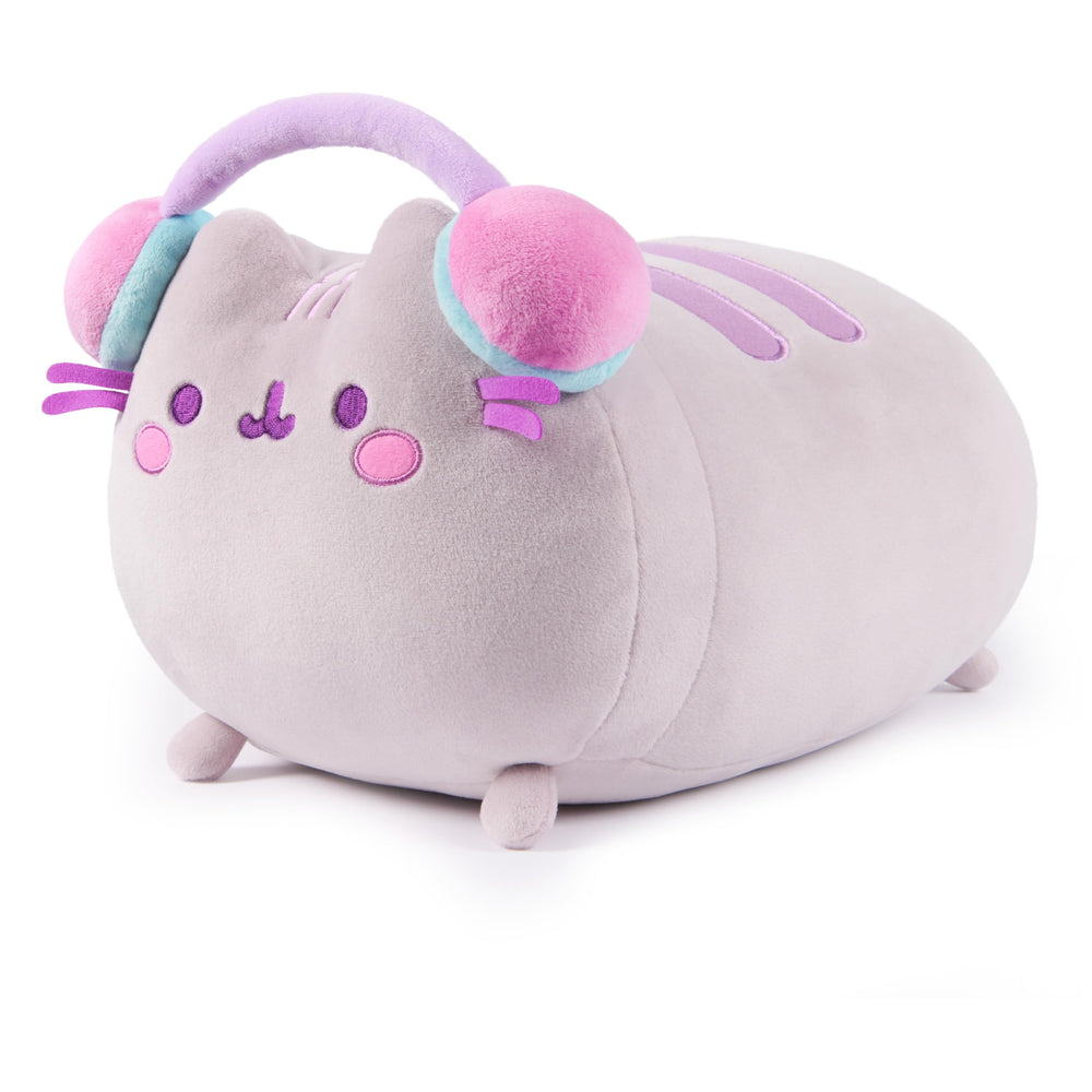 GUND Pusheen Squisheen with purple headphones; perfect gift for fans and collectors.