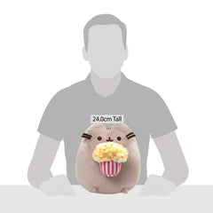 Pusheen plush with popcorn bucket detail, perfect for cuddling and gifting.