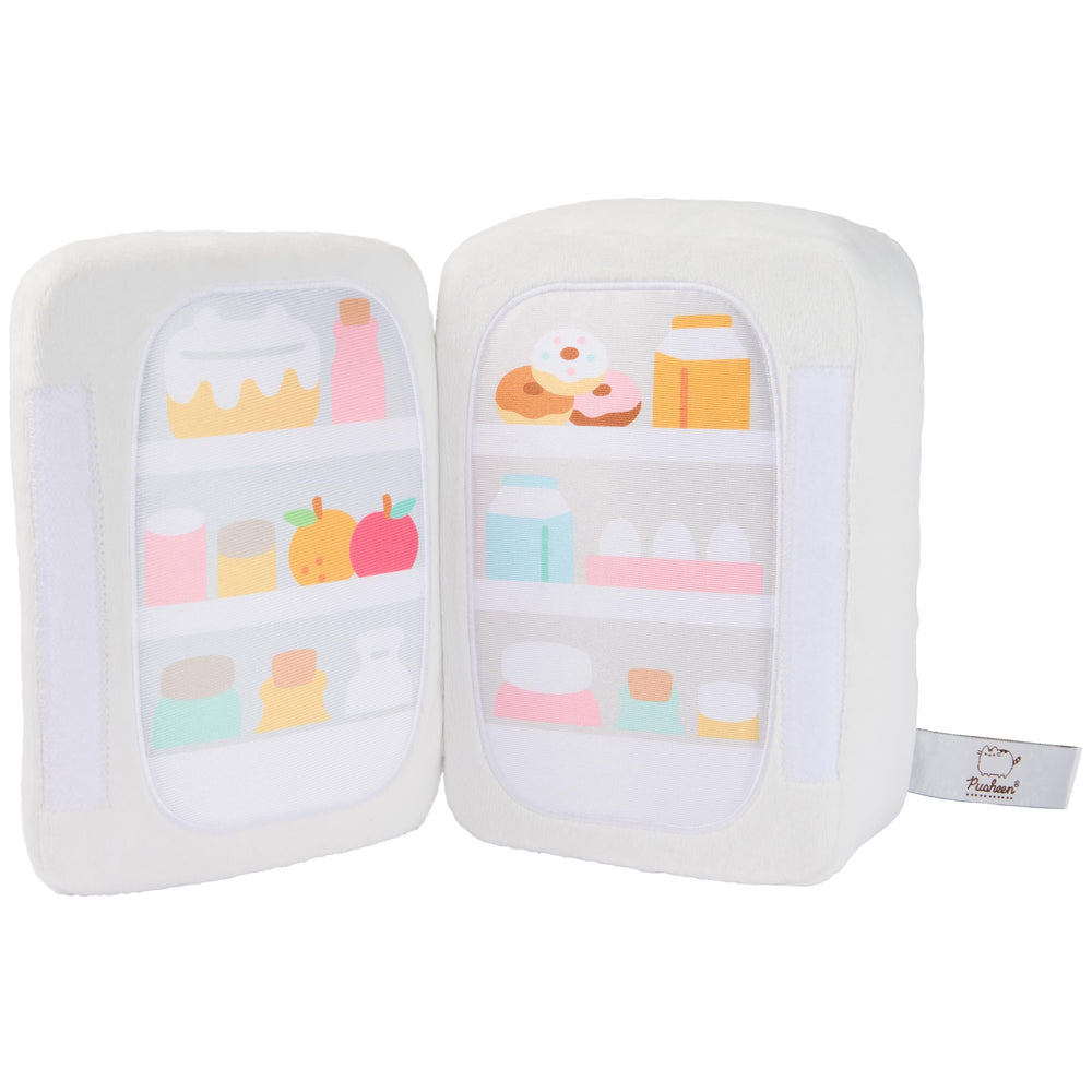 GUND Pusheen white refrigerator plush, pink striped design ideal for desk decor.