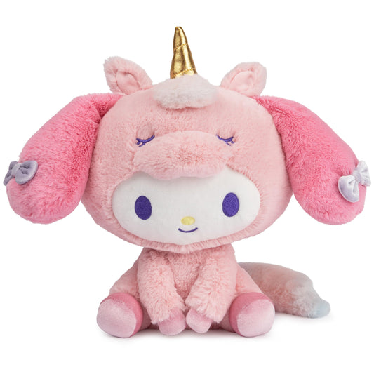GUND Sanrio My Melody Unicorn Plush front view, inviting cuddles with soft pink fur.
