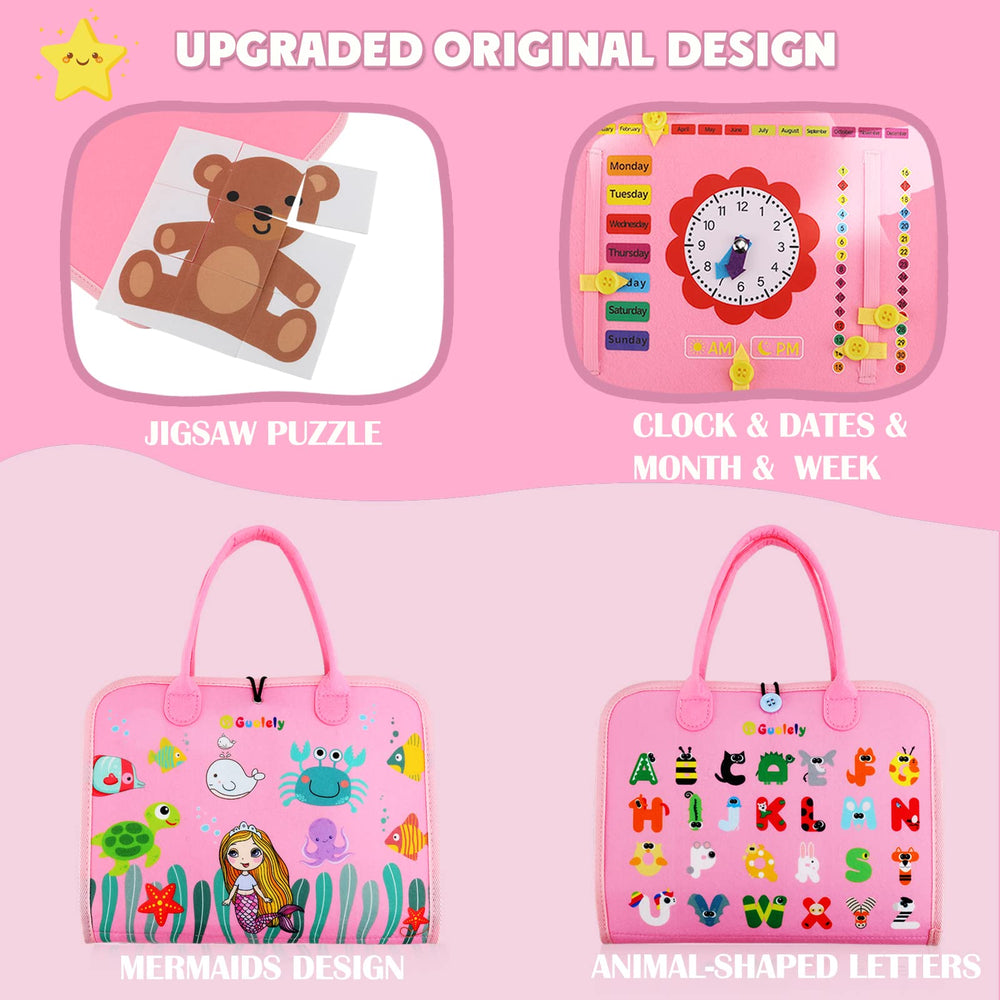Guolely Busy Board zipper and button panels promote dressing skills and dexterity.