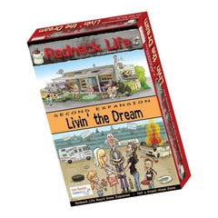 Gut Bustin' Games Livin' the Dream expansion rig sleeve and center name placard organize setup.