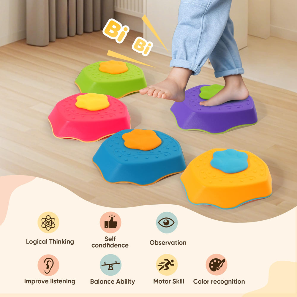 G-WING stepping stones in action with sound effects enhancing playful balance practice at home.