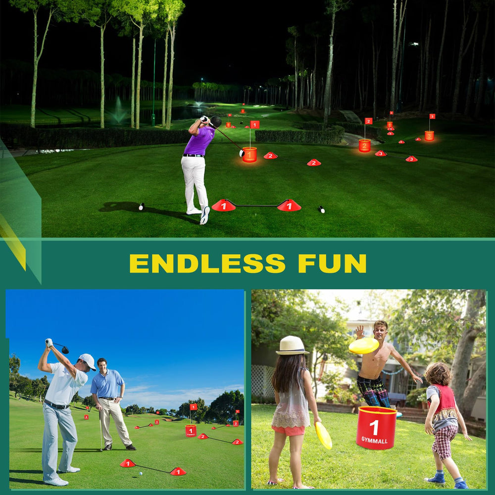 GYMMALL Golf Yard Bucket Game tee boxes showcasing beginner-friendly practice zones.