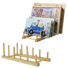 GYSLEOT puzzle rack side view shows sturdy bamboo storage for puzzles and small books; neat display.