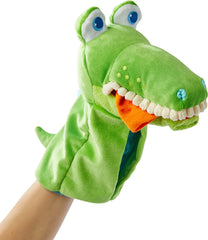 HABA Croco puppet with moveable eyes enables expressive pretend play and storytelling.