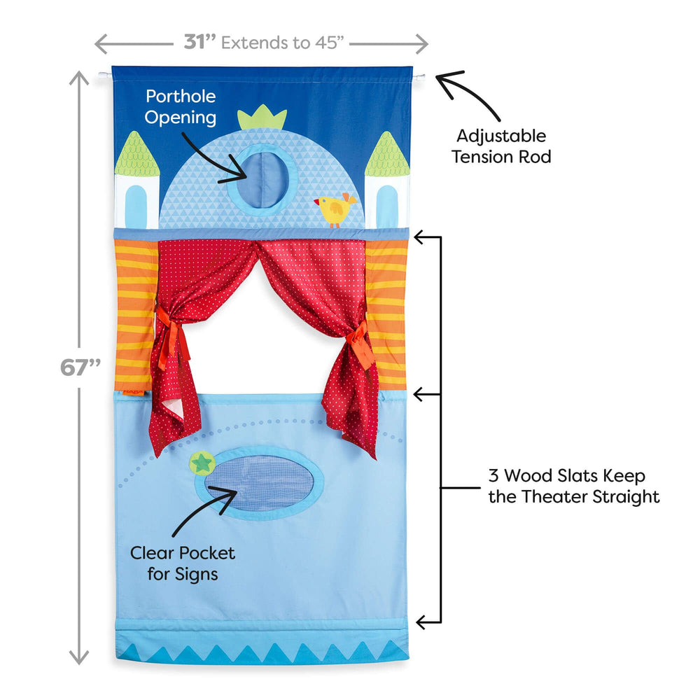 HABA doorway puppet theater with adjustable rod enabling tall frame extension.