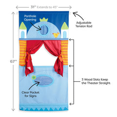 HABA doorway puppet theater with adjustable rod enabling tall frame extension.