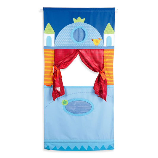HABA doorway puppet theater demonstrating space-saving setup for small rooms.