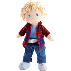 HABA Nick 12-inch soft doll face close-up for soothing pretend play.