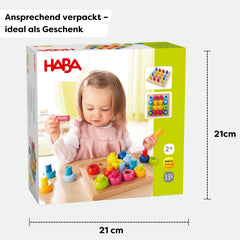 HABA Rainbow Whirls beech wood detail, highlights sustainable materials for safe play.