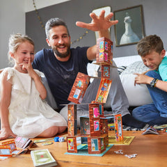 HABA Rhino Hero stacking cards during a tense turn