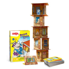 HABA Rhino Hero Tower Top: kids stack cards to form a tall tower with the hero on top.