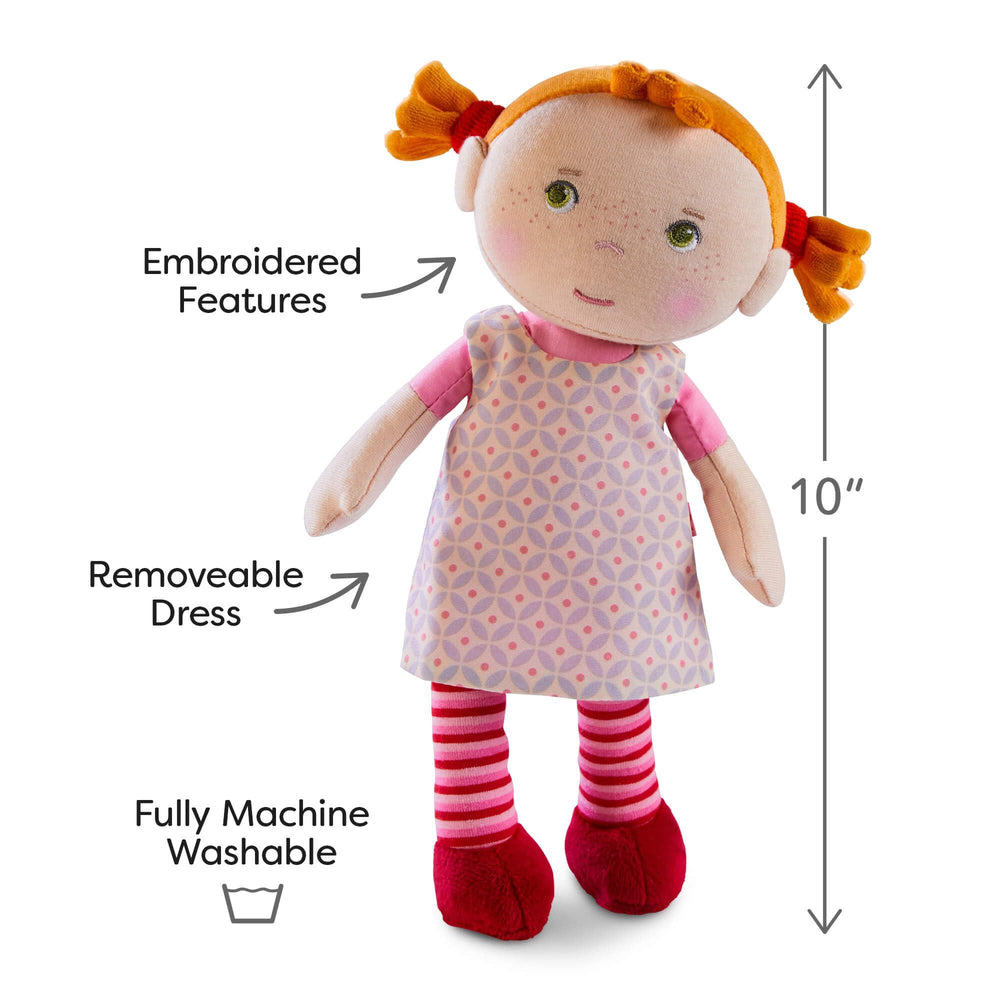 HABA Roya washable-dress-tights doll makes cleanup simple after adventures.
