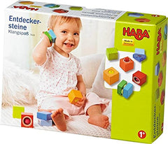 HABA wooden blocks six-piece set demonstrates stacking possibilities and collaborative play.