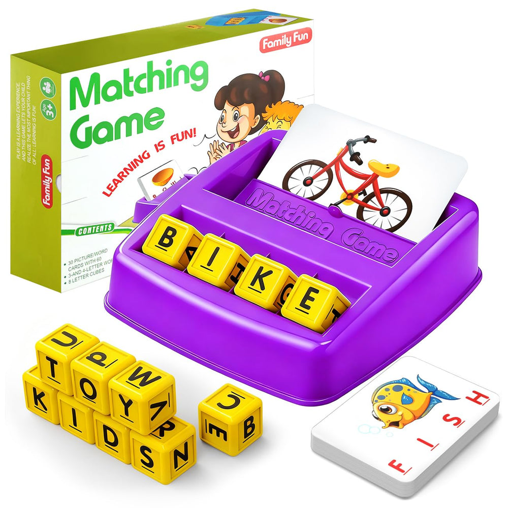 HahaGift matching letter game tray and cubes for early literacy practice.