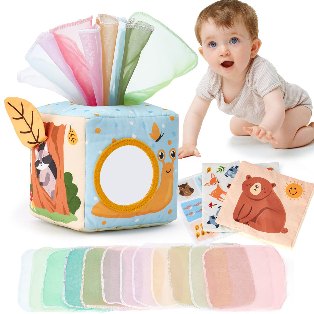 Hahaland baby tissue box toy contents shown for varied, engaging early exploration