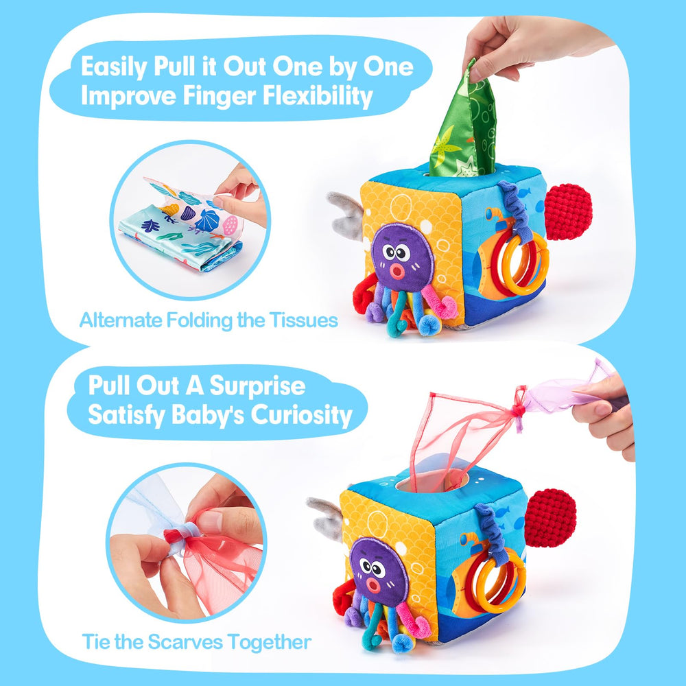 Hahaland crinkle tissues provide audible cues to spark curiosity during play