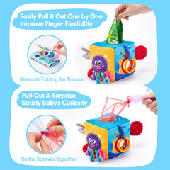 Hahaland crinkle tissues provide audible cues to spark curiosity during play