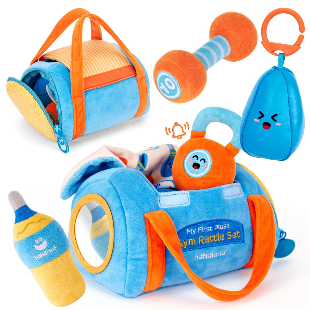 hahaland plush dumbbell toy for babies encourages tummy time and motor exploration