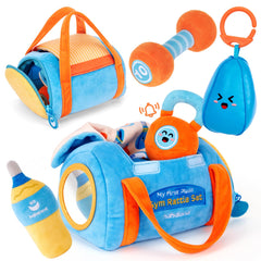 hahaland plush dumbbell toy for babies encourages tummy time and motor exploration