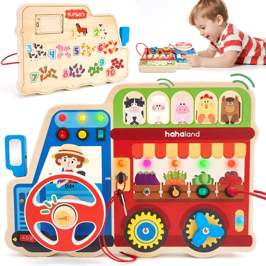 hahaland Busy Board 18in1 front view showing multiple activity panels for tactile learning