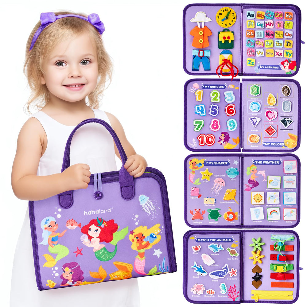 Hahaland Busy Board overview showing 8-in-1 learning activities for toddlers on the go