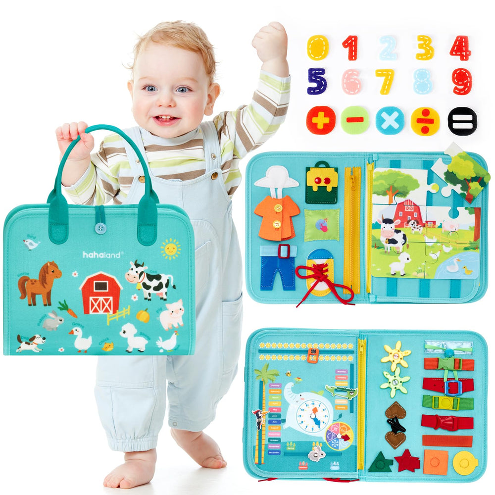 Hahaland Busy Board shows alphabet and numbers for early literacy on the go.