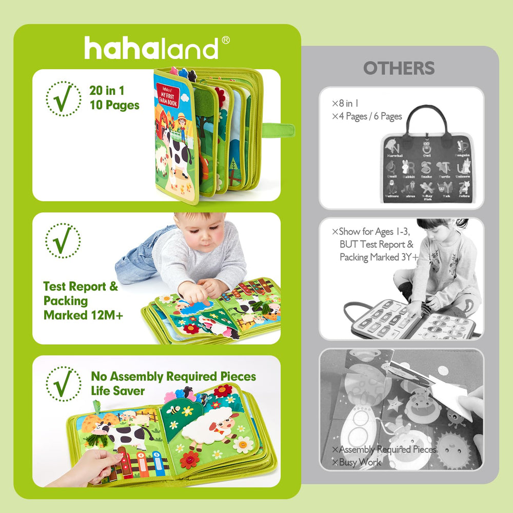 Hahaland Busy Board features lacing, Velcro, and buttons for practical life skills.