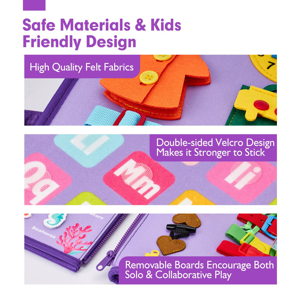 Hahaland Busy Board soft felt texture offers safe tactile exploration