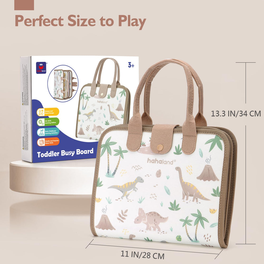 Hahaland Busy Board travels easily in diaper bags for on-the-go learning.