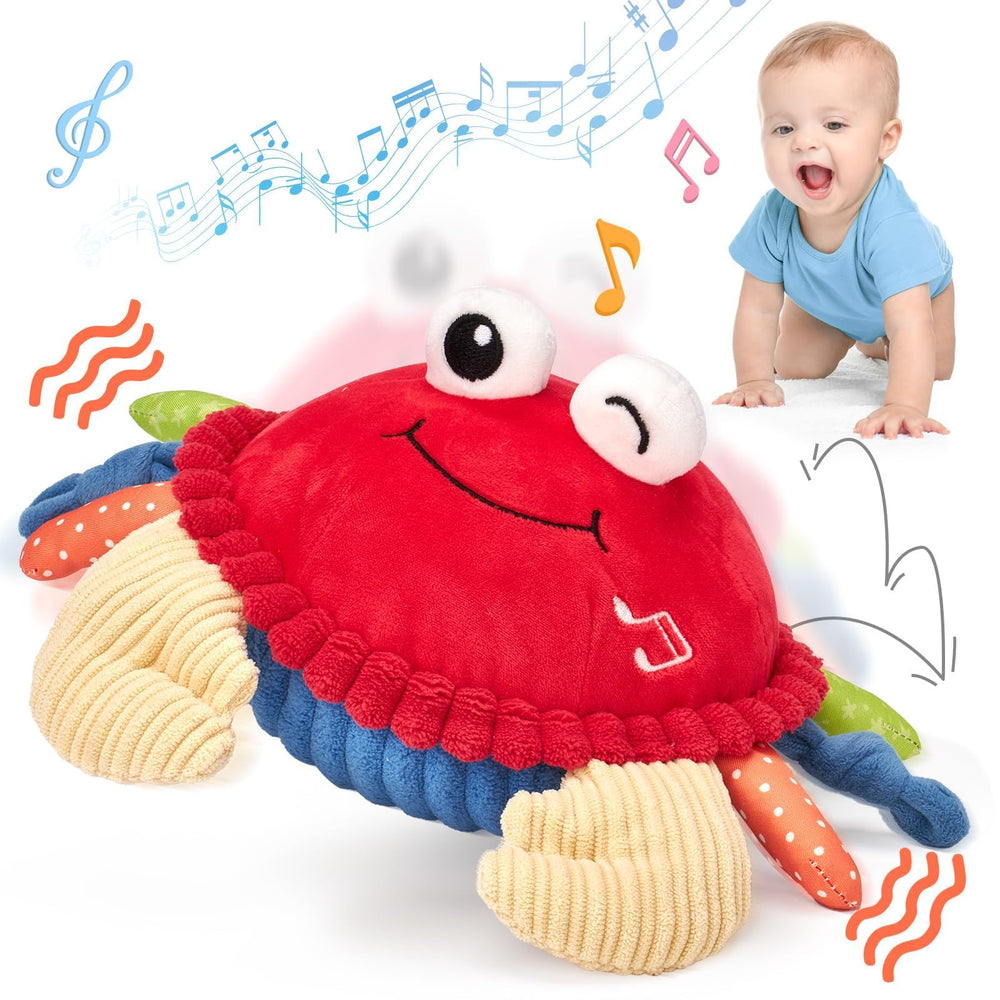 Hahaland crawling-dancing crab toy on floor boosts motor skills during tummy time.