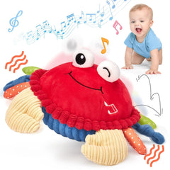 Hahaland crawling-dancing crab toy on floor boosts motor skills during tummy time.